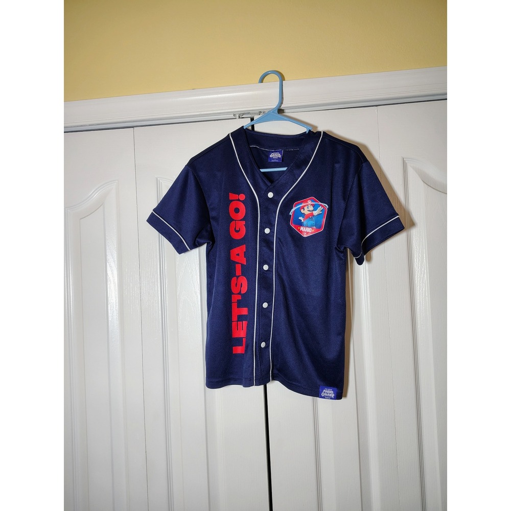 Super Mario Galaxy Movie Baseball Jersey Kids Large Navy Blue Lets-A Go Graphic
